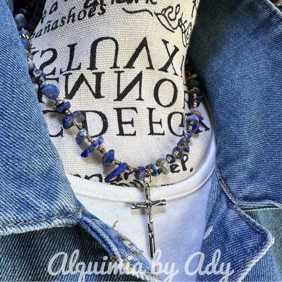 Lapis Blue Beaded Necklace with Cross Pendant - Picture 1 of 3